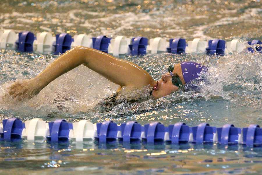 Lesley Payonk (‘09) swims the 200 Freestyle race. Payonk decided to challenge herself by entering distance races.