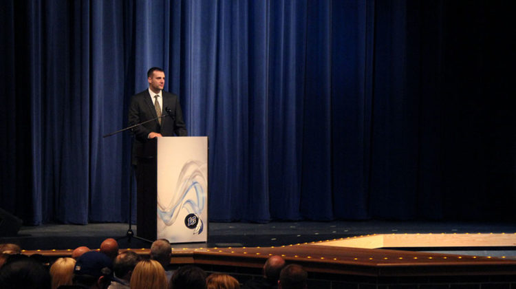 Mr. Chris Enyeart, Athletic Director, announces the teams at the winter sports banquet. Coaches stated their team’s achievements during the season.