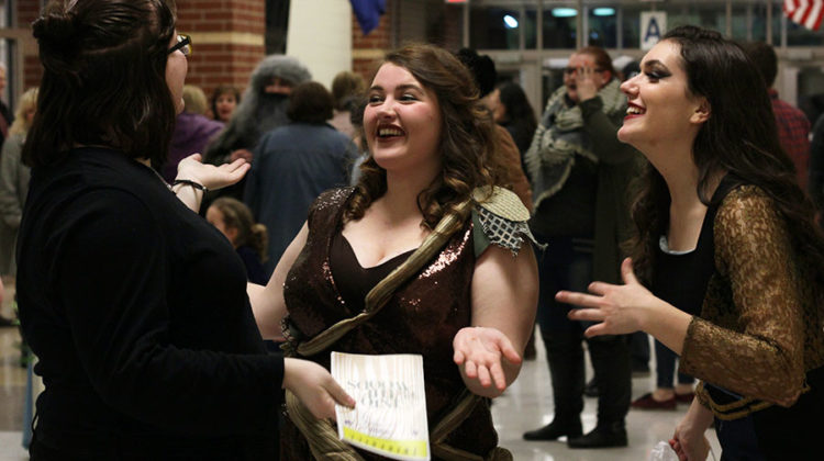 Kaitlyn Vander Laan (12), Anna Samels (12) and Hannah Souronis (12) share a laugh after their senior night performance. All proceeds from Thursday night’s show went towards scholarships for Lake Central Theatre Company’s seniors.