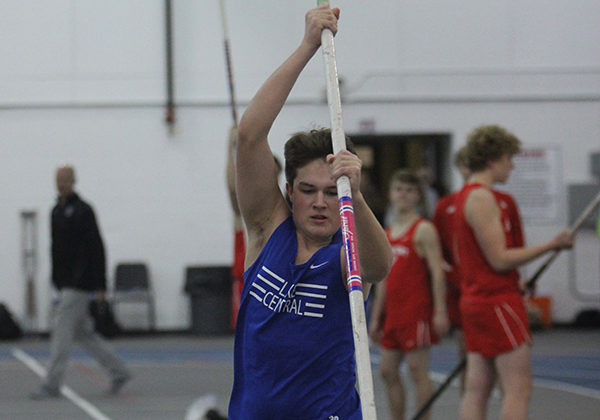 Maximillian Galocy (10) prepares to pole vault. This was Galocy’s first year pole vaulting.