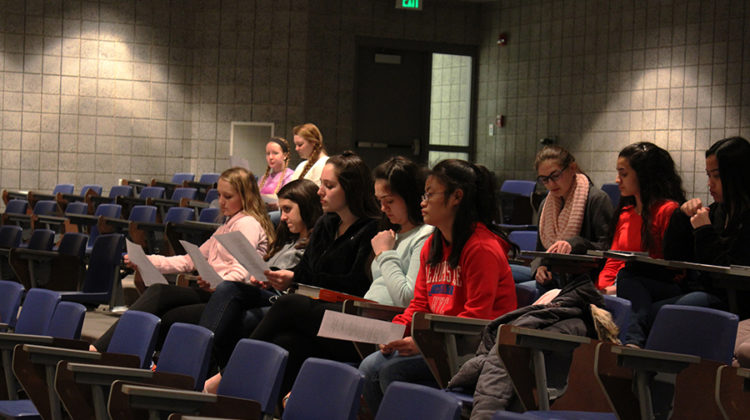 N-Teens students sit and wait for Gabrielle Rapin, Science, and Kelsey Becich, English. They waited for the sponsors to speak about new places and when service hours are due.