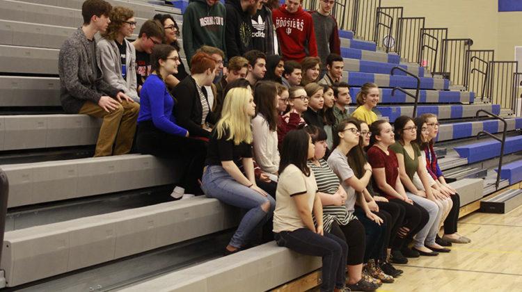 Thespians pose for their club photo. Many of the students involved in this club do multiple shows throughout the year.