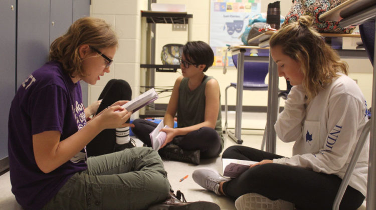 Meghan Jureczko (9) and Paige Varady (9) go over their lines. The girls were practicing their scene in “Love/Sick.”