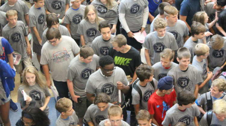 Freshman head to the lunchroom. Lunch was served immediately after the class picture was taken.
