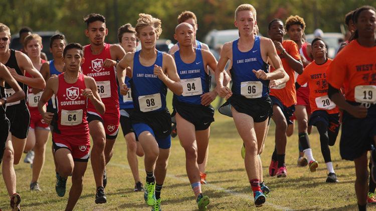 William Duzynski (12), Issac Beatty (11) and Joseph Copeland (12) start down the line. Duzynski took first place, Copeland took third place and Beatty took fourth place. Photo by: Josh Chen