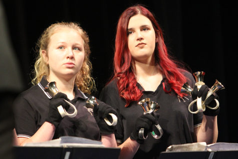 Brianna Rhomberg (9) and Madison Madgziarz (12) wait for their cue from their director. Rhomberg and Madgziarz were partnered up for the concert. 